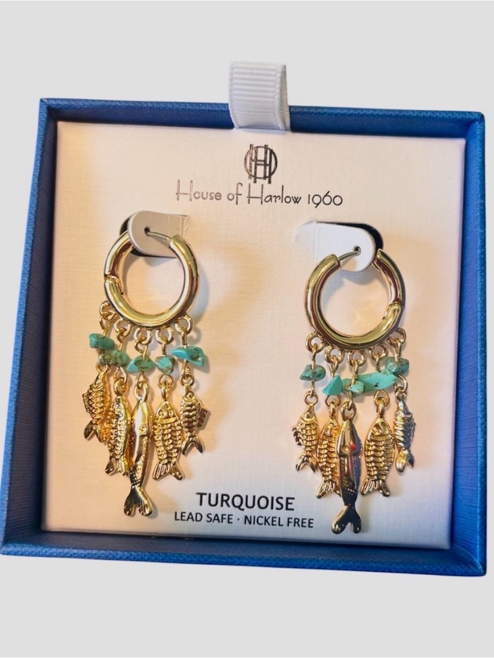 House of Harlow 1960 Gold Hoop Earrings with Turquoise Beads and Fish Charms